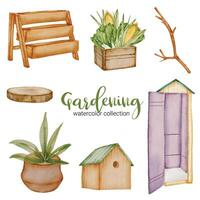 Gardening in watercolor collection flat vector on white background