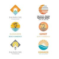 verano playa costa isla, mar océano con pájaros y rayos de sol de verano inspiración para el diseño del logotipo vector