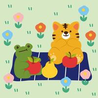 Frogs and tigers are invited to have a picnic at the village park. vector