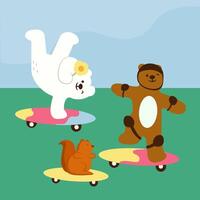 white bears, brown bears and squirrels were invited to learn to surf skate. vector