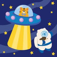 Cat and bear invite each other to fly a spaceship. vector