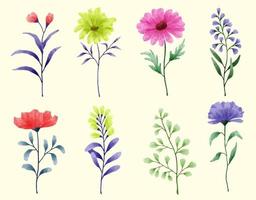 un conjunto de flores pintadas en acuarela para varias tarjetas y tarjetas de felicitación. vector