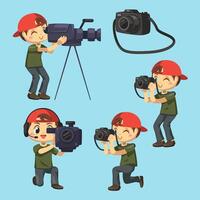 Set of photographer and videographer man in cartoon character vector