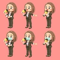 Set of female journalist with microphone in cartoon character vector