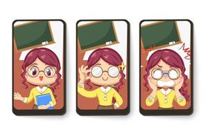 Card emotion of female teacher in classroom in cartoon character vector