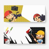 Banner of working man with videographer and painter cartoon character vector