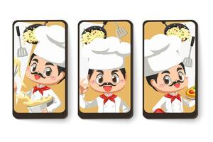 Card emotion of chef man with kitchenware in cartoon character vector