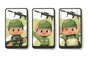 Card emotion of army soldier man in cartoon character vector