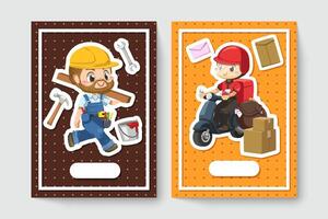 card of repairman and delivery man in cartoon character vector