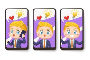 Tarjeta de emoción del empresario utiliza el teléfono móvil en el personaje de dibujos animados vector