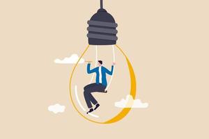 Creativity and imagination to create content, writer or creator inspiration for new idea, think and brainstorm concept, motivated man sitting on swing inside lightbulb idea using pencil drawing cloud. vector
