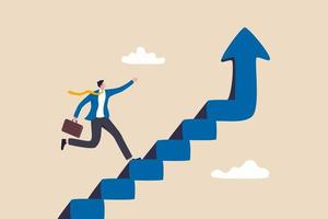 Improvement or career growth, stairway to success, growing income or improve skill to achieve business target concept, confidence businessman step walking up stair of success with rising up arrow. vector