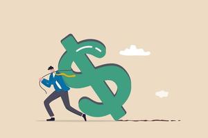 Working hard for money, effort to earn more salary or investment profit, tax burden or financial problem and difficulty concept, overworked businessman drag big dollar sign money back from work. vector