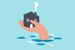House insurance protection from disaster, safety and rescue from storm and flood, home care concept, big human hand helping house above flood water level protect from damage. vector