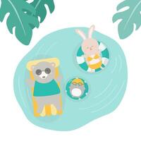 animals sunbathe on floating raft and swim rings in pool vector