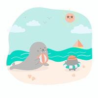 seal and penguin playing with ball on the beach vector