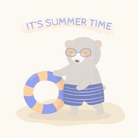 cute bear wearing swimming trunk and glasses standing with lifebuoy vector