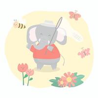 Elephant chases catch butterfly in flower garden with a net vector