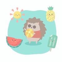 Dwarf hedgehog hold Beach Frisbee in hand cartoon vector