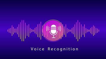 Voice Recognition and Personal Assistant Concept. Illustration of Gradient Vector sound wave and Microphone with bright voice button control. Voice imitation and intelligent technologies.