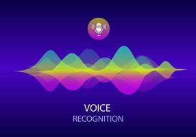 Voice Recognition and Personal Assistant Concept. Illustration of Gradient Vector sound wave and Microphone with bright voice button control. Voice imitation and intelligent technologies.