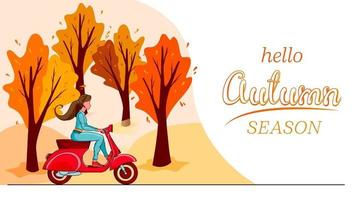 hola banner de otoño. árboles del parque de otoño y una niña en un scooter rojo. vector