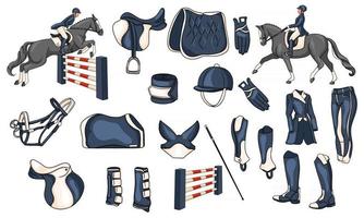 Big set of equipment for the rider and ammunition for the horse rider on horse illustration in cartoon style vector