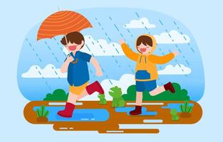 niño y niña disfrutan jugando con vector de dibujos animados de lluvia