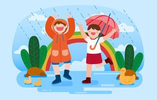 niño y niña disfrutan jugando con vector de dibujos animados de lluvia