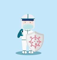 Doctor wearing PPE Costume With vaccine and shield vector