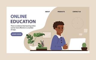 Online education for children landing page. African American schoolboy studies in front of a laptop monitor at home. Flat vector illustration