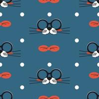Graphic seamless pattern of cute cartoon cat muzzle with glasses and bow tie on a blue background. Vector flat illustration for kids