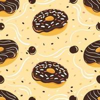 Chocolate donuts seamless pattern with sprinkles and white icing. Cartoon vector background