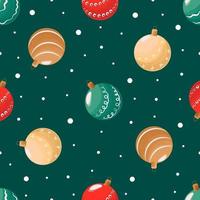 Seamless pattern Christmas balls on a green background and snow. Flat vector illustration for wrapping paper or greeting card for New Year