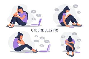 Set of depressed woman sitting with phone in front of laptop screen  surrounded by message bubbles. Cyber bullying in social networks and online abuse concept. Vector flat cartoon illustration