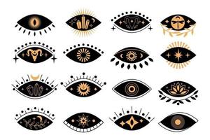 Set of boho silhouette mystical eyes with sun, crescent moon, goat, lotus, cristal in trending minimal linear style. Collection vector isoteric illustration. Design for t-shirt prints, posters, tattoo
