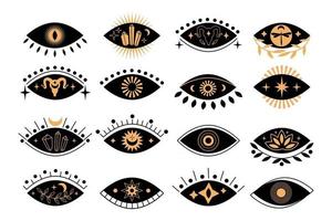 conjunto de ojos místicos de silueta boho con sol, luna creciente, cabra, loto, cristal en un estilo lineal minimalista de tendencia. ilustración isotérica de vector de colección. diseño para estampados de camisetas, carteles, tatuajes