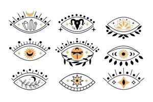 Set of boho mystical eyes icons with sun,  crescent moon, goat, lotus, cristal in trending minimal linear style. Collection vector isoteric illustration. Design for t-shirt prints, posters, tattoo