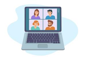 Video conference chat with men and women on laptop. Learning or meeting online with teleconference. Videoconferencing and online meeting workspace   illustration on flat style. Distance education vector