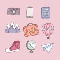 artículos para viajar en personaje de dibujos animados, vector