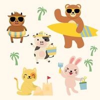 conjunto de paquete de actividad animal de dibujos animados en vector de playa