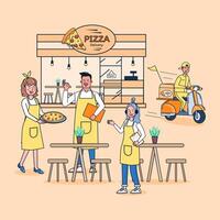 Pizza shop selling different pizza pages There is an eating service at the restaurant. Takeaway and delivery to the customer's home. vector