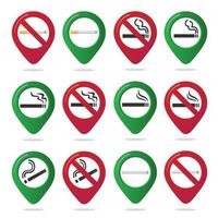 16 No smoking and smoking area marker map pin icon sign set with flat design gradient cigarette in the forbidden red circle. Symbol of the smoking area in the map apps isolated on white background. vector