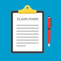 Clipboard with claim form on it, paper sheets, red pen isolated on light blue background flat style design vector illustration. Concept of fill out or online survey