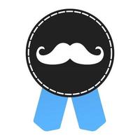 Prostate cancer awareness symbol information. Men support badge label with blue ribbon, mustaches and badge pin flat style design vector illustration isolated on white background.