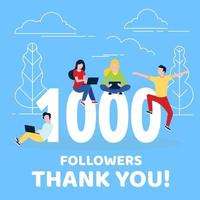 Thank you 1000 followers numbers postcard. Congratulating gradient flat style gradient 1k thanks image vector illustration isolated on white background. Template for internet media and social networks