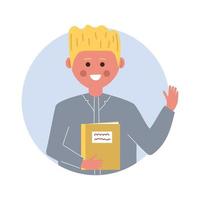 Cute boy with book in his hand. Flat illustration. Education, study, love read concept. vector