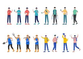 paquete de conjuntos de caracteres de 4 hombres, 16 poses de diversas profesiones, estilos de vida, carrera vector