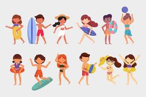 paquete de 4 conjuntos de personajes de hombre y mujer, 12 poses de mujer en traje de baño con equipo vector