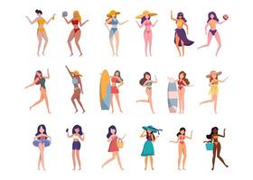 paquete de personajes femeninos 3 conjuntos, 18 poses de mujer en traje de baño con equipo vector